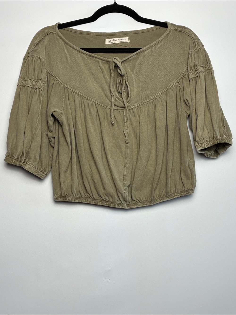 We The Free Olive Green Tie-Front Peasant Cropped Top Blouse
